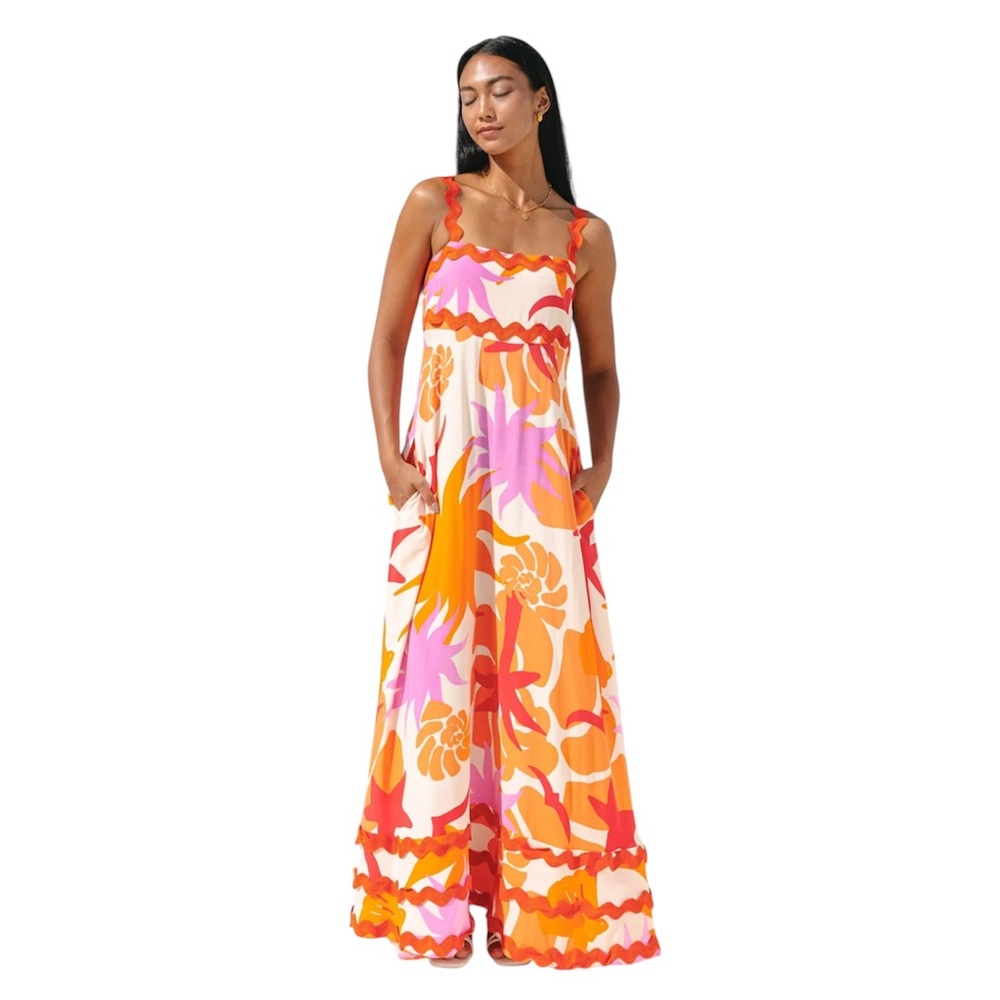 HeyChic Calinda Orange Abstract Ric Rac Maxi Dress SZ 4